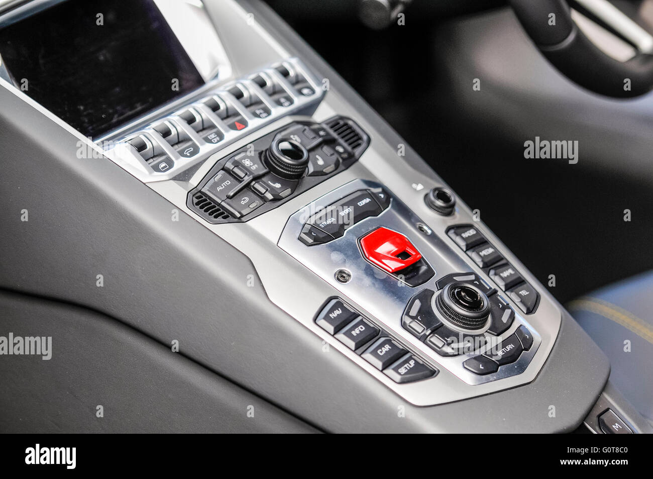 Interior cockpit of a Lamborghini Aventador. Stock Photo