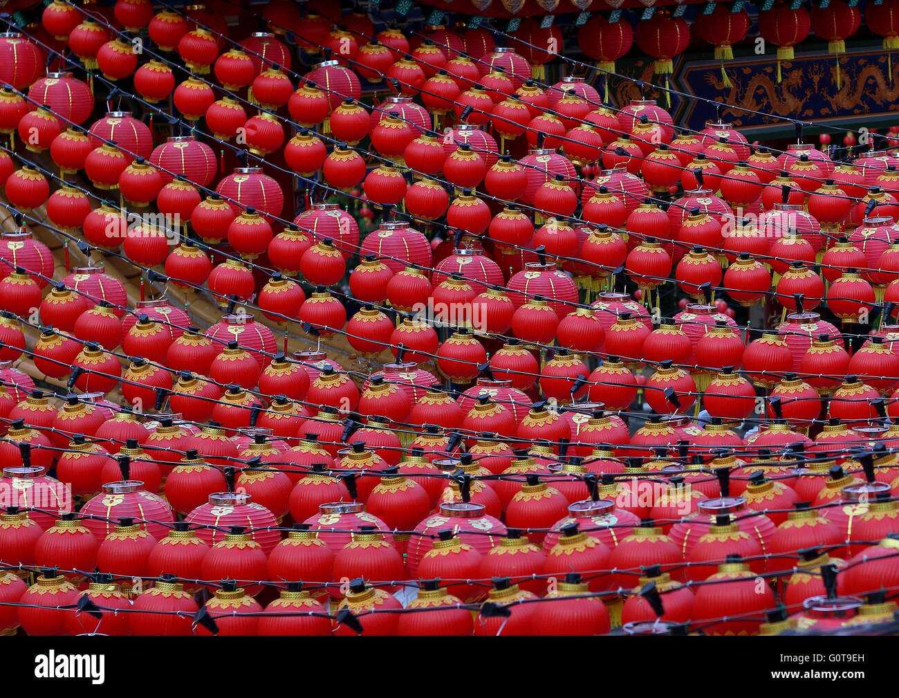 Decorative red lanterns hung up during Chinese New Year celebration and other festive seasons in temples. Stock Photo