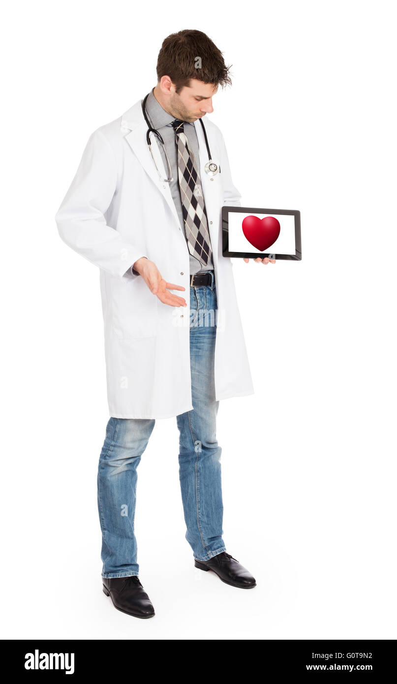 Doctor holding tablet, isolated on white - Red heart Stock Photo - Alamy