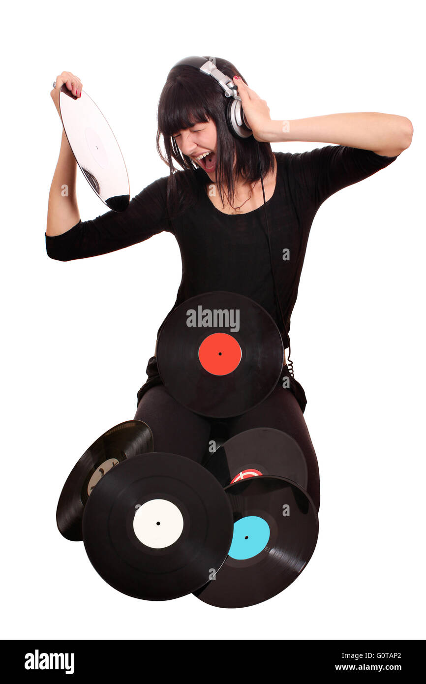 girl hold lp record and listening music Stock Photo