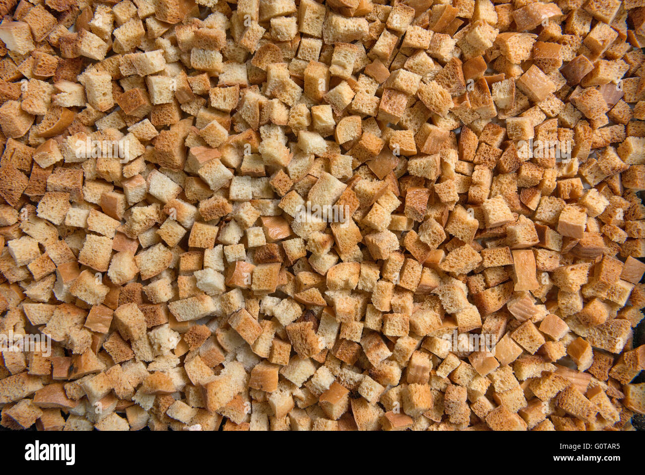Close-up of many small pieces of dried and browned in oven diced wheat bread as cooking background. Stock Photo