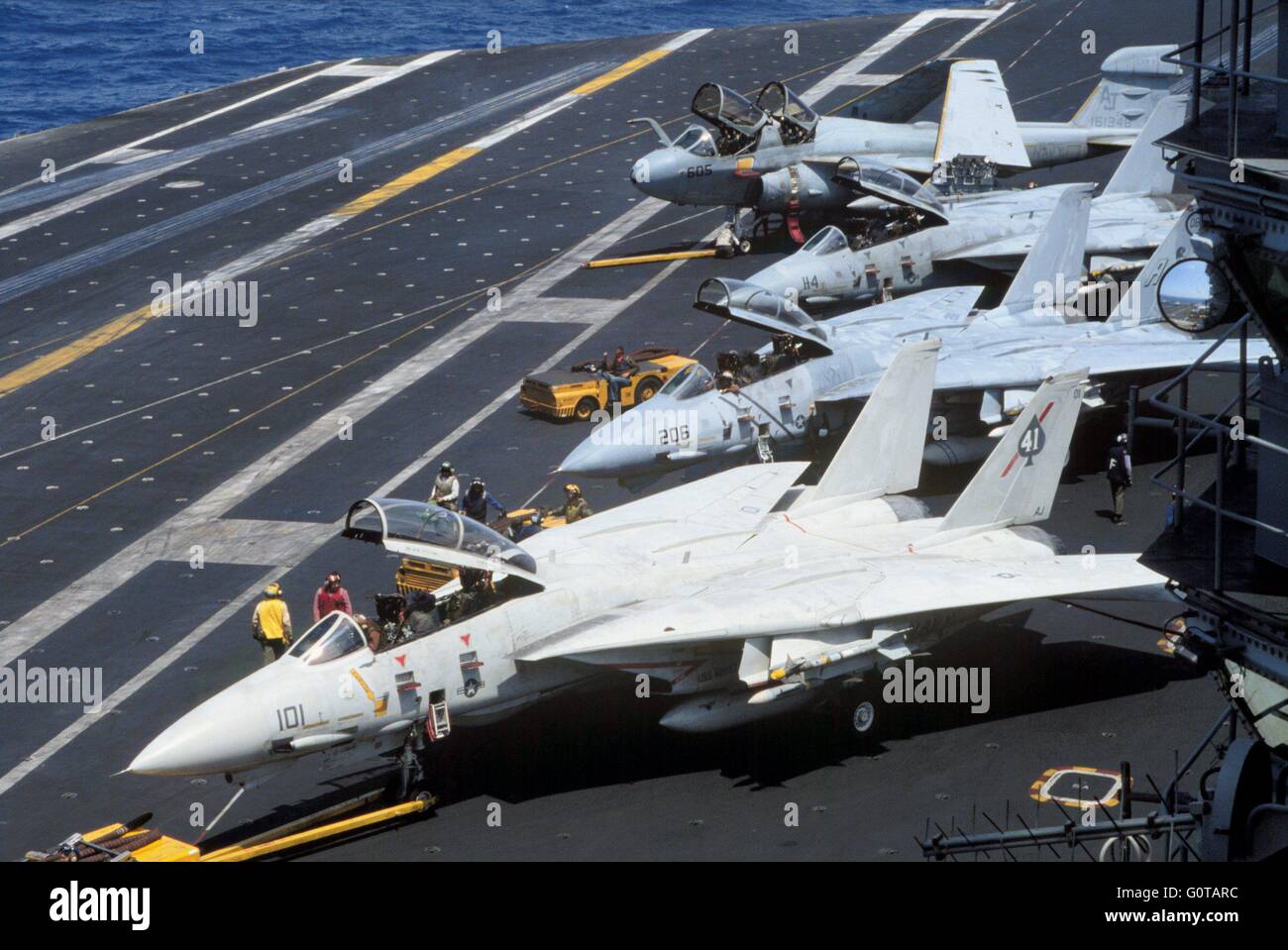 US Navy, F 14 'Tomcat' fighter aircraft and a  EA 6B  'Prowler ' on Nimitz aircraft carrier Stock Photo