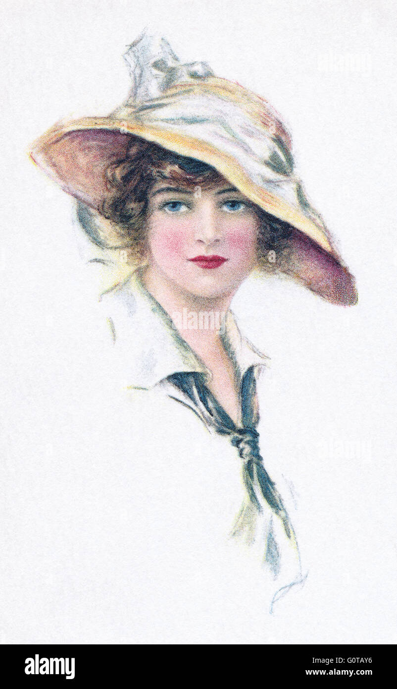 Colour postcard by Pearle Fidler LeMunyan of a beautiful woman in a large hat. Stock Photo
