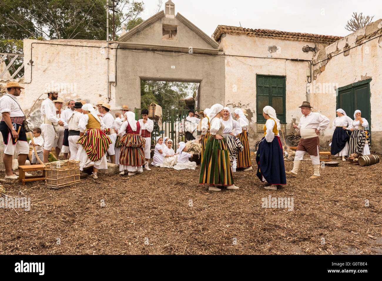 Group of people in traditional 19th century dress in a scene as part of a guided theatrical route through Adeje water route, Ten Stock Photo