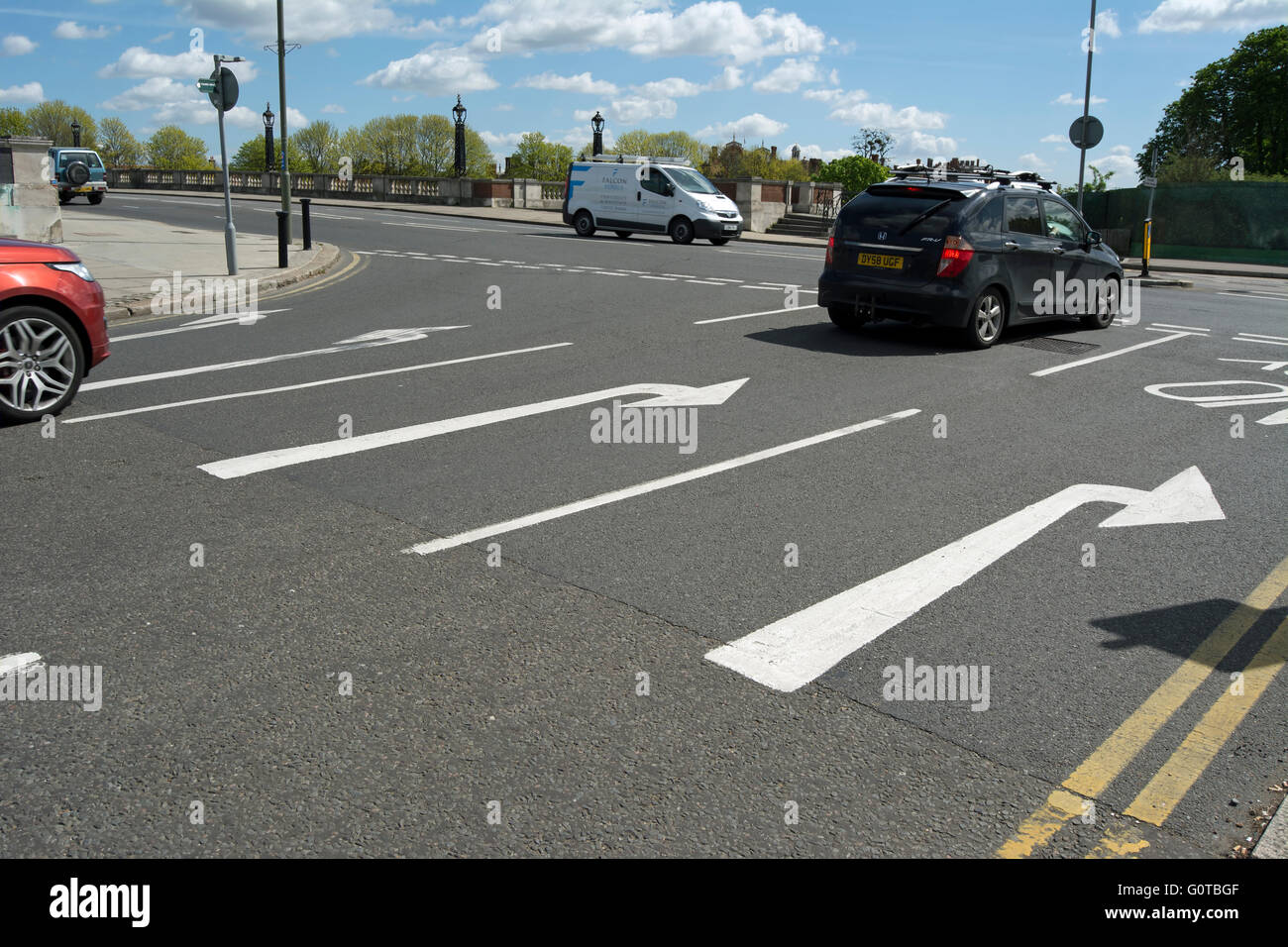 road junction with four-lane approach, east molesey, surrey, england, surrey, england Stock Photo