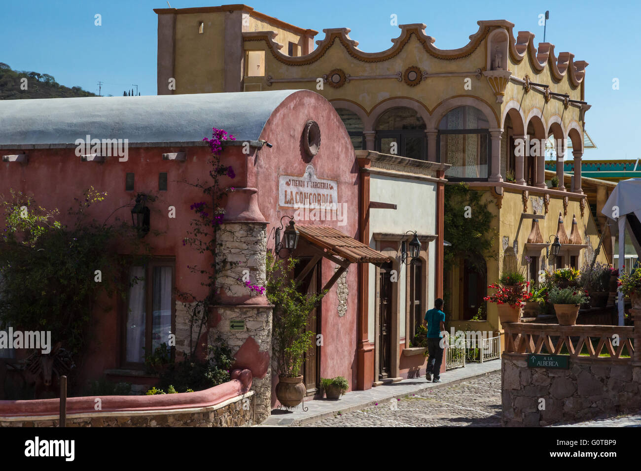 Hoteles Centenario, a castle style architecture in Pueblo Magico Bernal,  a small village in the central state of Queretaro, Mex Stock Photo