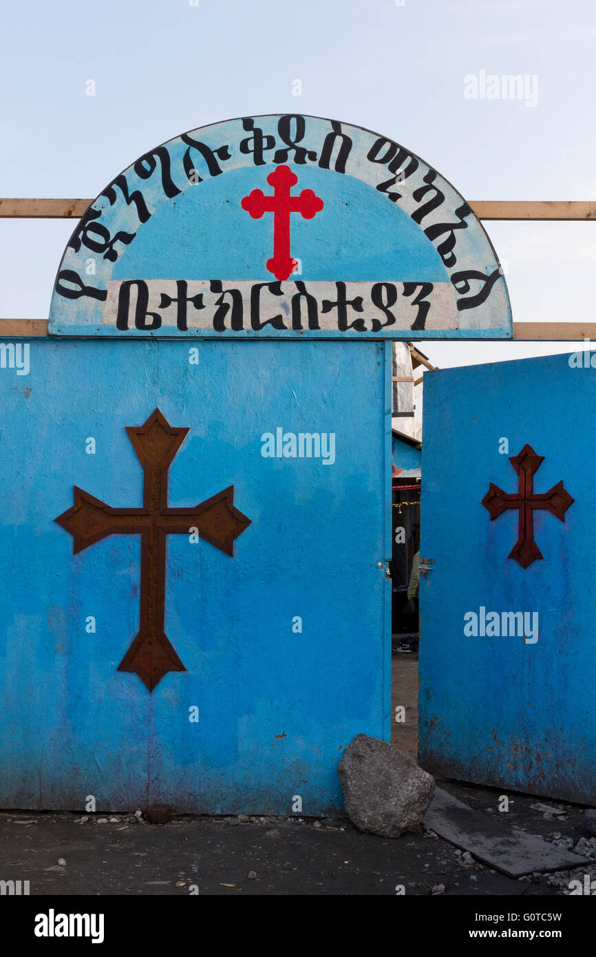 Ethiopian Orthodox Church in The Jungle refugee camp, Calais, France Stock Photo