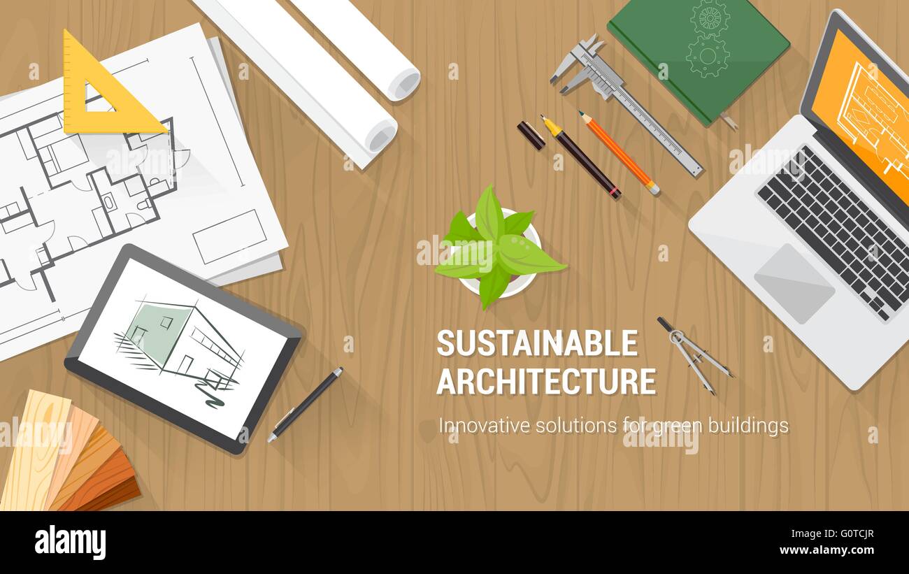 Architect desktop with tools including laptop, tablet and building plan