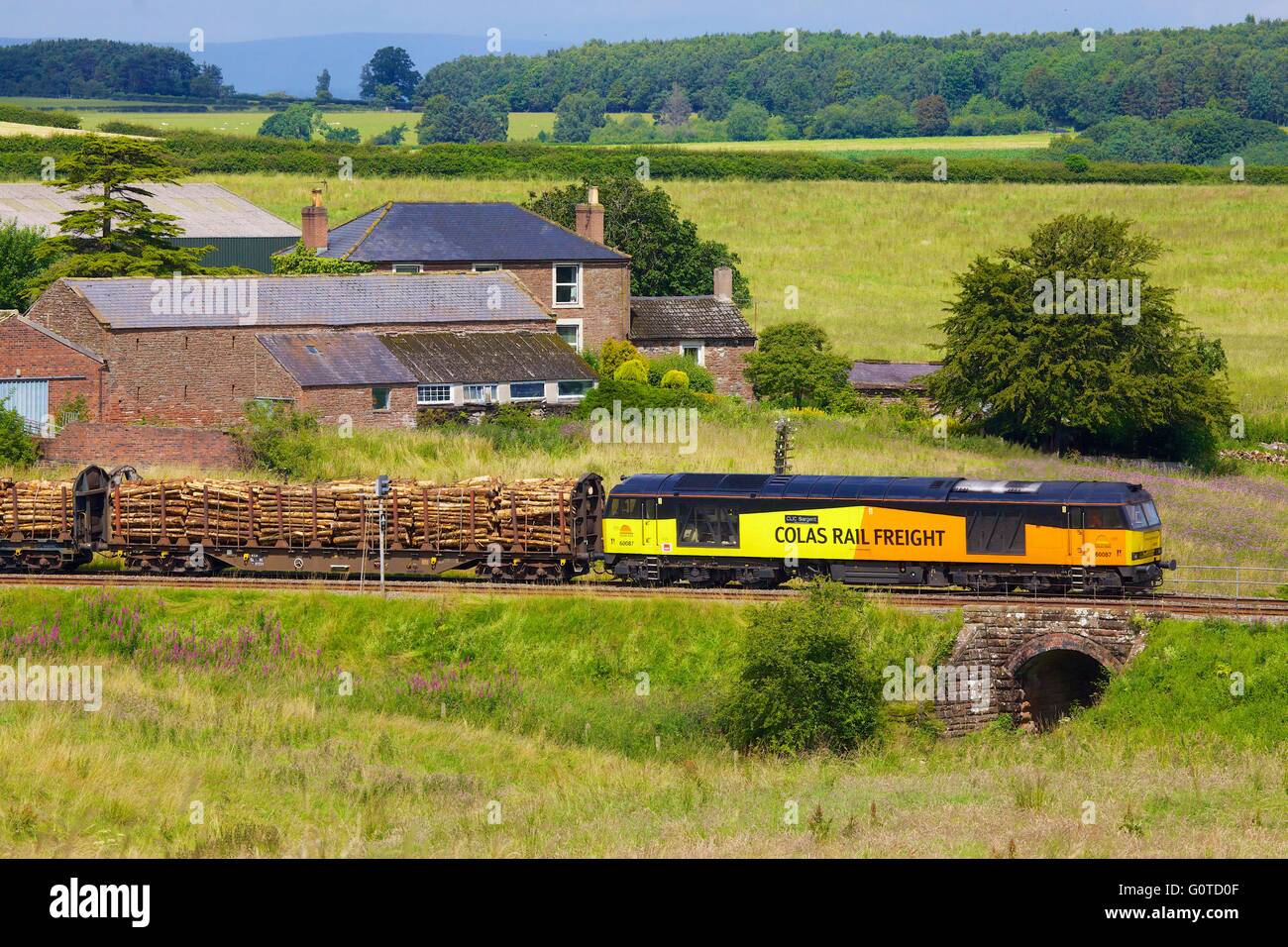 Colas Rail Freight train. Duncowfold, Armathwaite, Eden Valley, Cumbria, Settle to Carlisle Railway Line, England, UK. Stock Photo