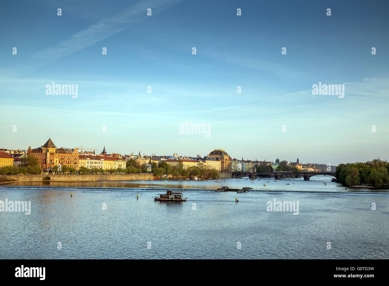 Smetanovo nabrezi, National theater and the Vltava river at sunset, Bohemia, Czech Republic, Europe Stock Photo