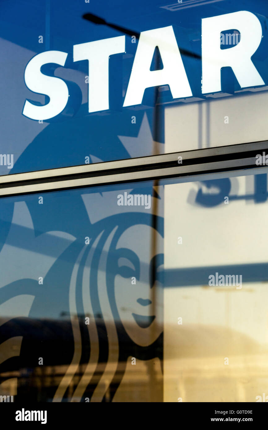Reflection, Starbucks Coffee, Airport, Prague, Czech Republic Stock Photo