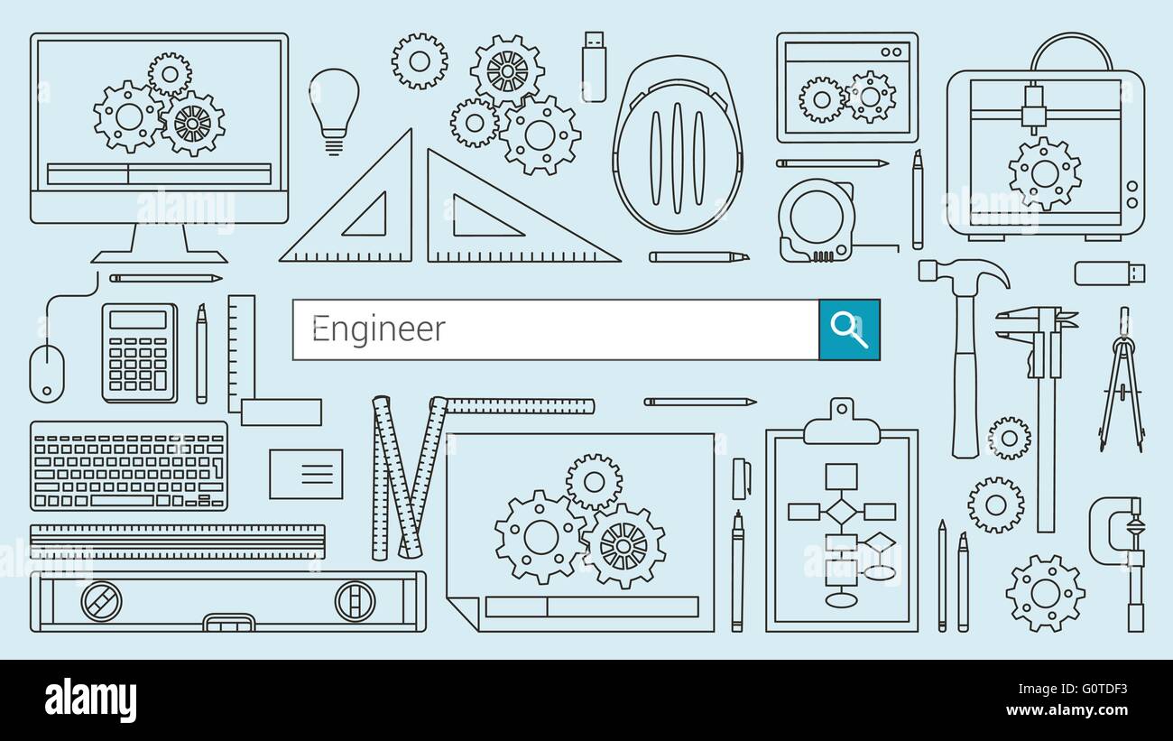 Mechanical engineer banner with search bar, thin line objects and work tools on a desktop Stock Vector