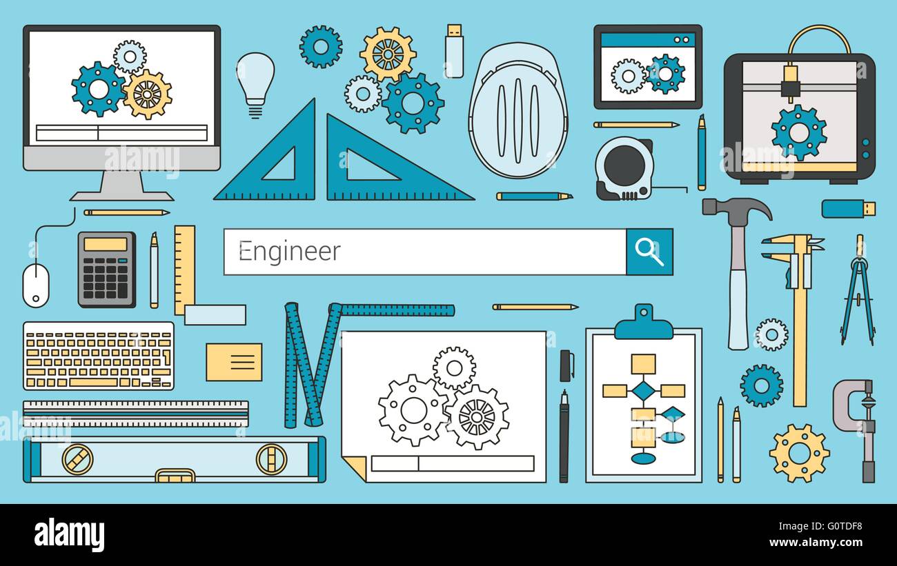 Mechanical engineer banner with search bar, thin line objects and work tools on a desktop Stock Vector