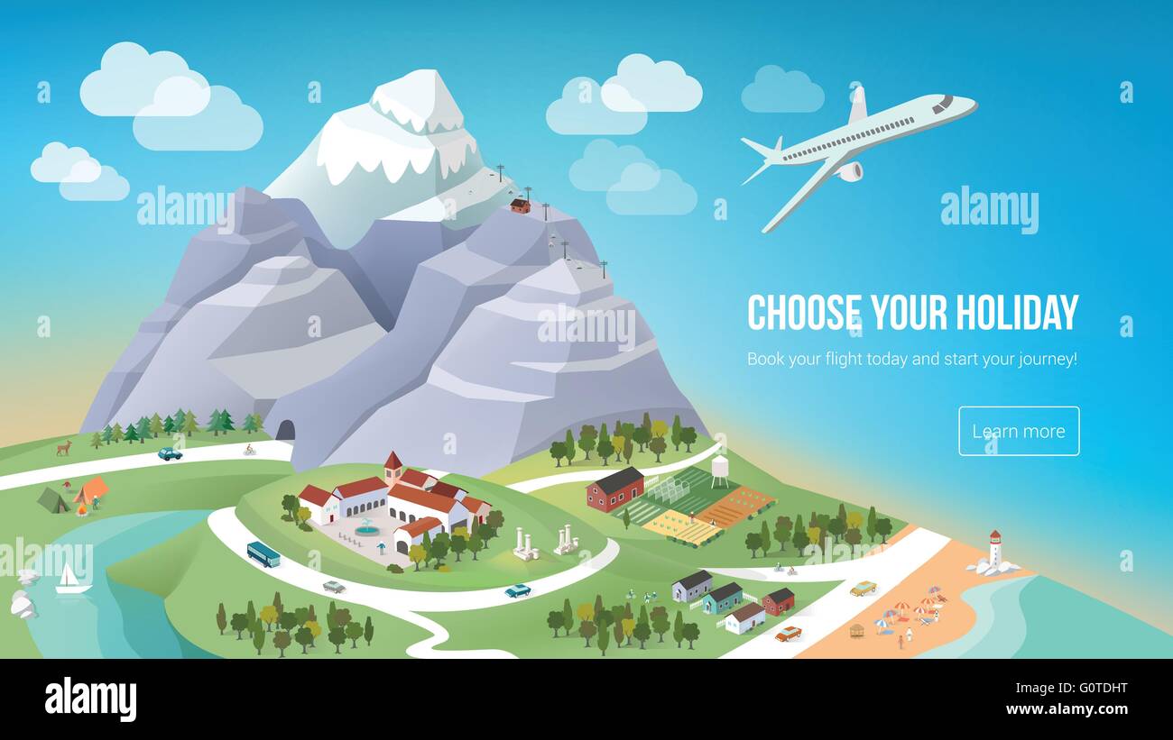 Vacations and travel banner with natural landscape, cities, ocean and