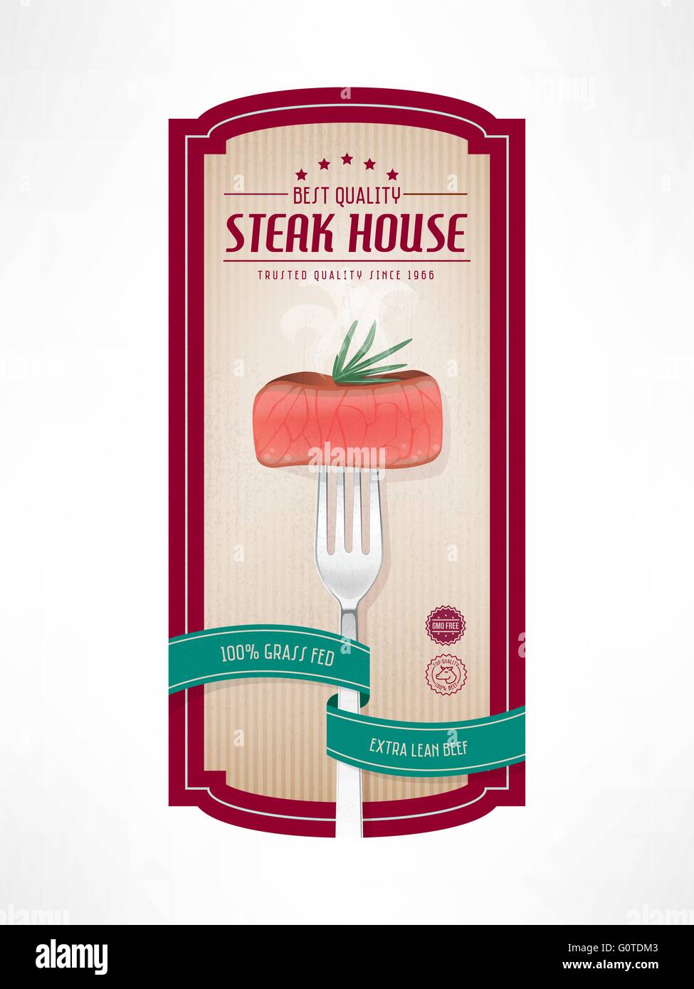Beef meat vintage label with fork and succulent steak Stock Vector