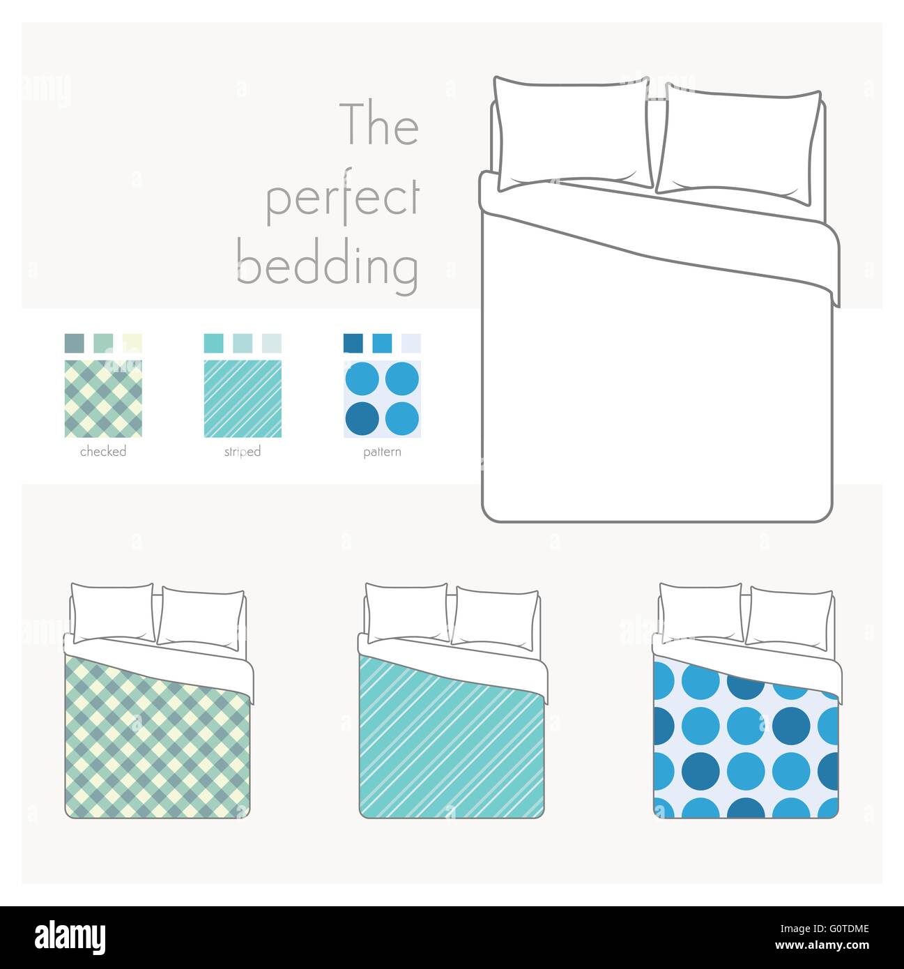 The perfect bedding infographic, bed top view and patterns set Stock Vector