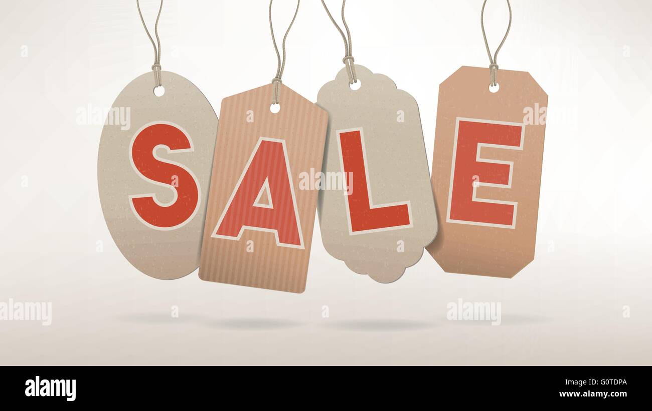 Discount and sale banner with hanging cardboard tags Stock Vector