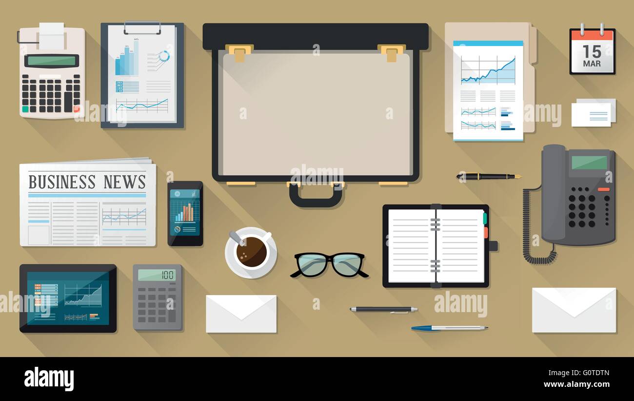 Businessman desktop with open briefcase, paperwork, tablet, smart phone, organizer and calculator, top view Stock Vector