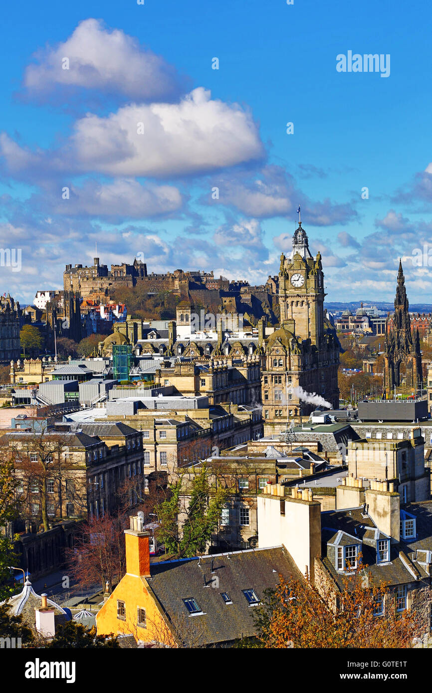 General city skyline view from Calton Hill showing the Balmoral Hotel clock tower and Edinburgh Castle in Edinburgh, Scotland UK Stock Photo