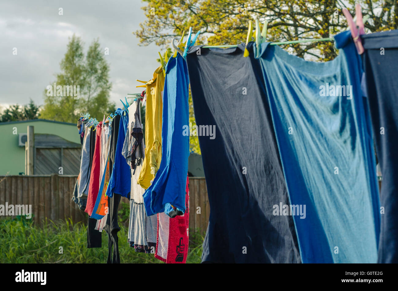 Washing drying outside on a washing line Stock Photo Alamy