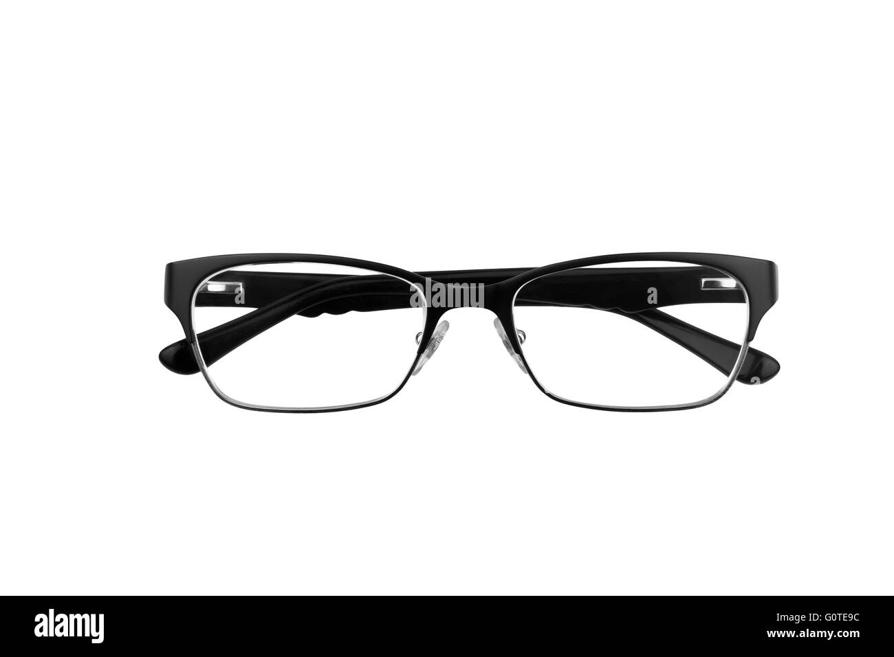 Black plastic and chrome metal eyeglasses, isolated on white. Stock Photo