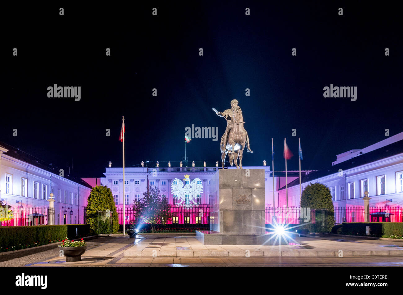 Polish national colours displayed on the Presidential Palace, Warsaw, Poland Stock Photo