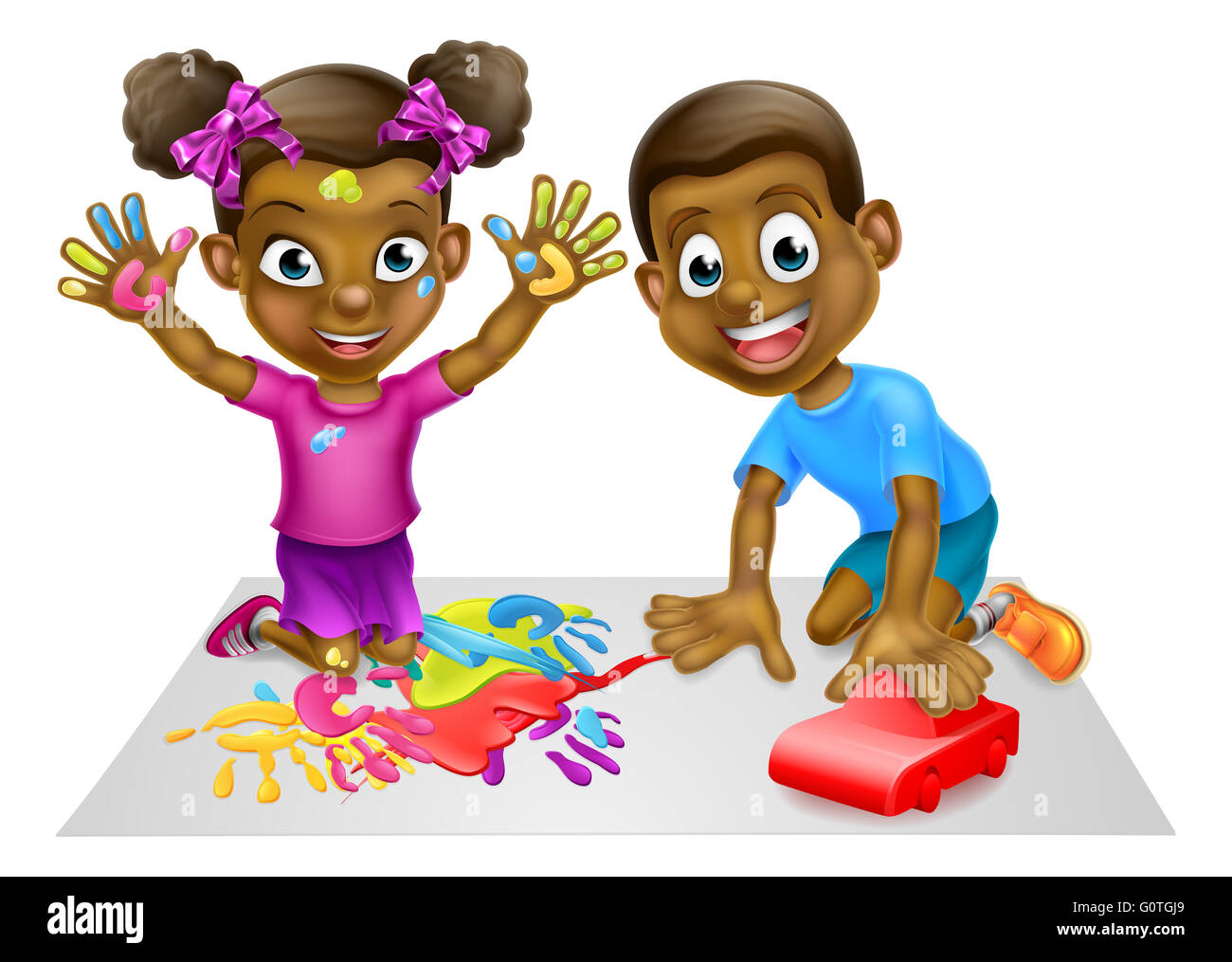Cartoon Black Boy And Girl Playing With Toys With Paints And Toy