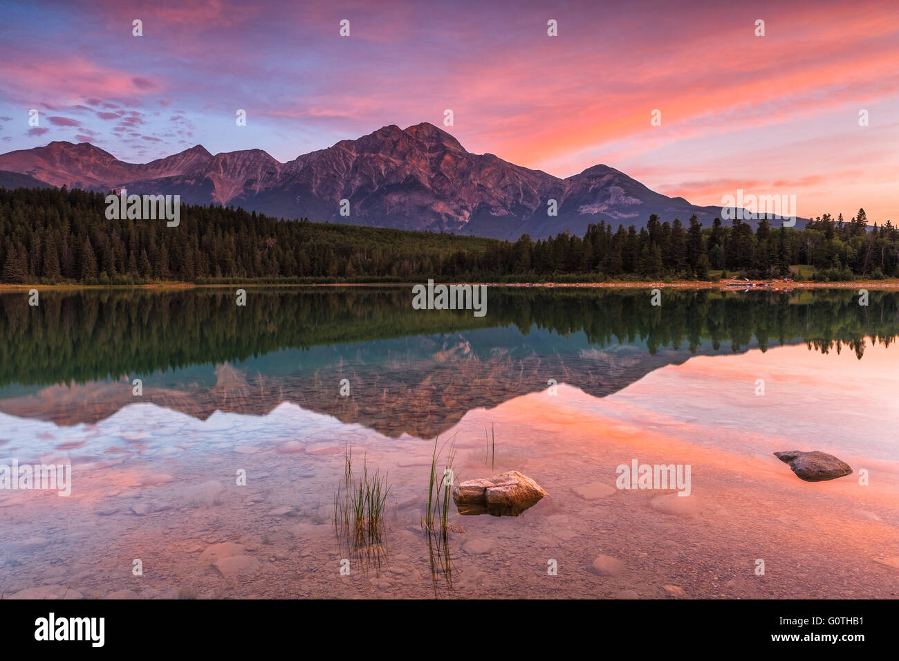 Patricia Lake by sunrise, with Pyramid Mountain in the background, Jasper National Park, Alberta, Canada, America. Stock Photo