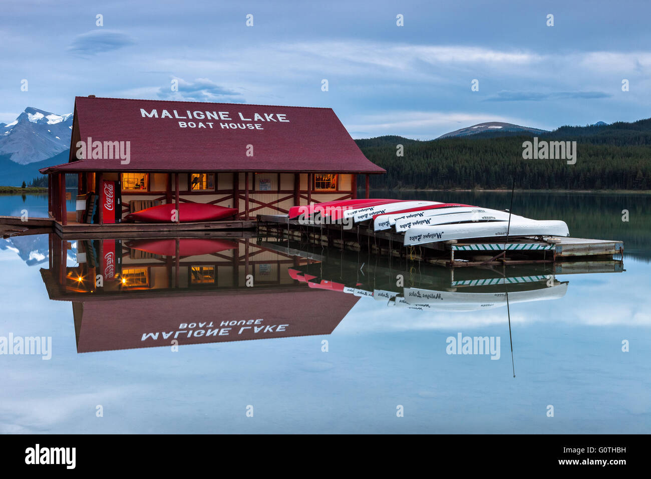 The boat house in Maligne Lake, Jasper National Park, Alberta, Canada, America. Stock Photo