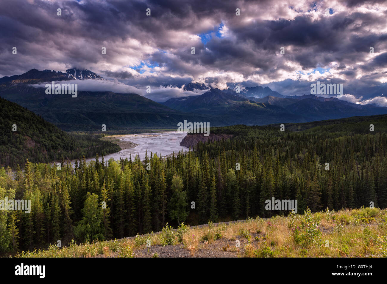 The Matanuska River on a cloudy summer evening. Matanuska Valley, Alaska, USA. Stock Photo