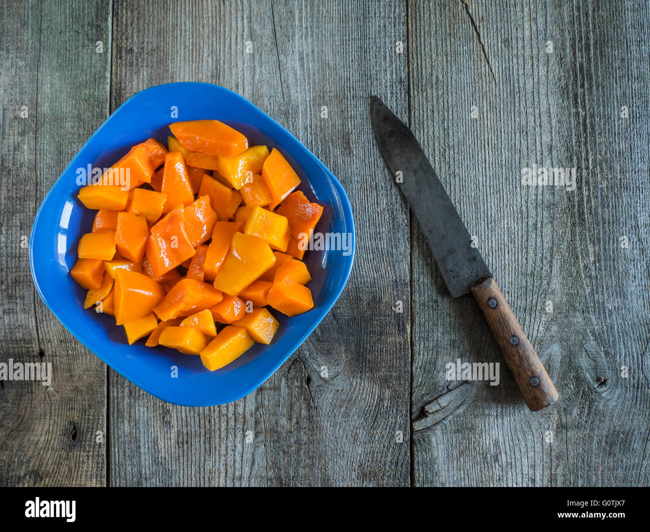 Overhead view of diced pumpkin in a bowl Stock Photo