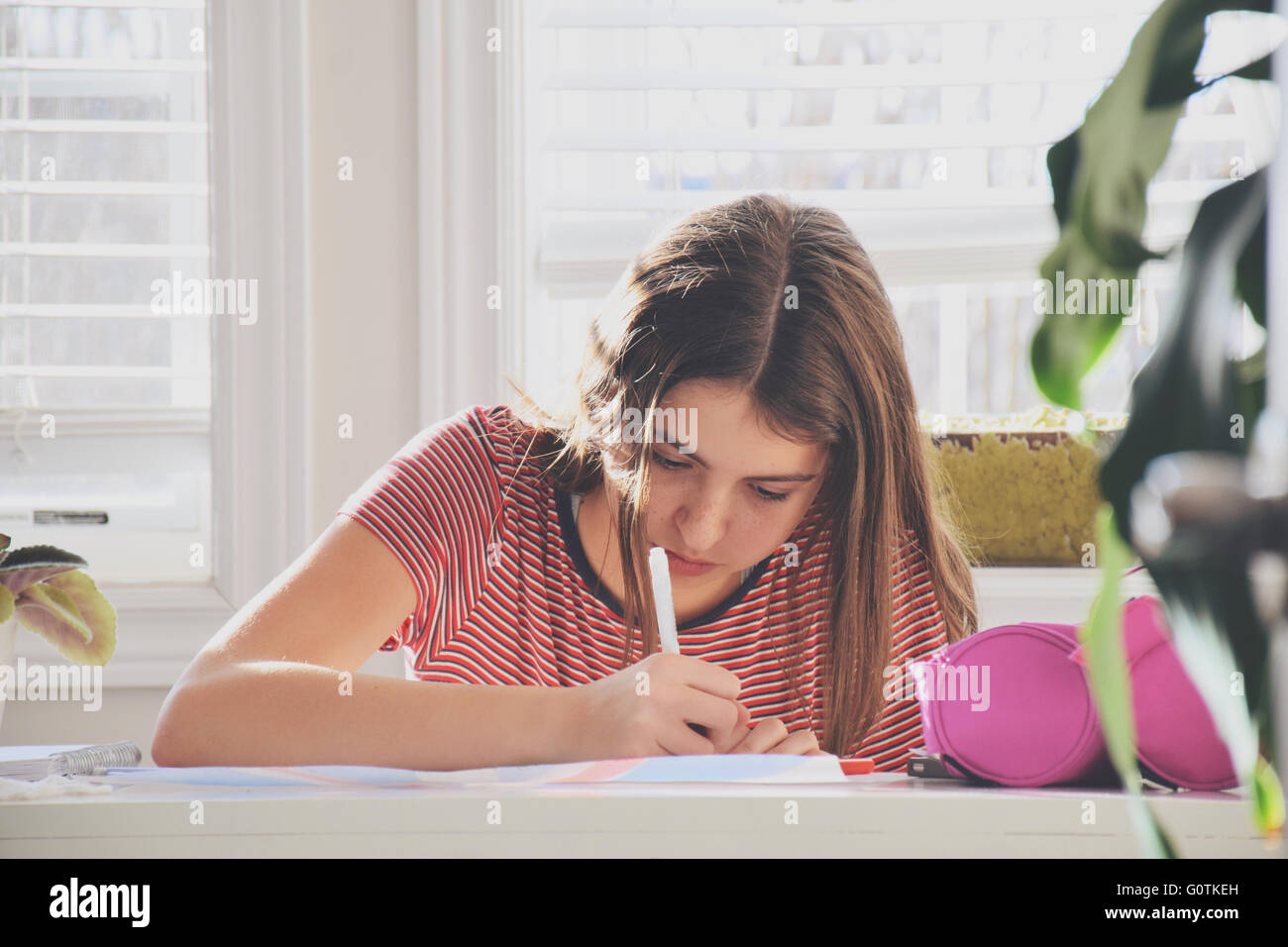 Portrait of a Teenage girl sitting at table doing homework Stock Photo ...
