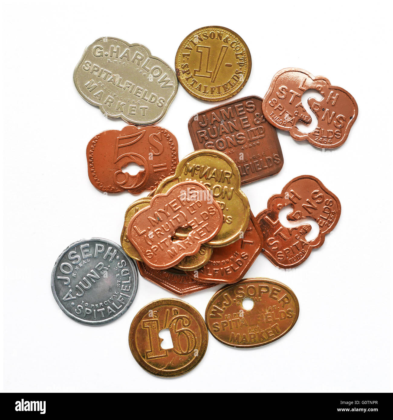 Spitalfields buy and sell tokens used by market traders Stock Photo