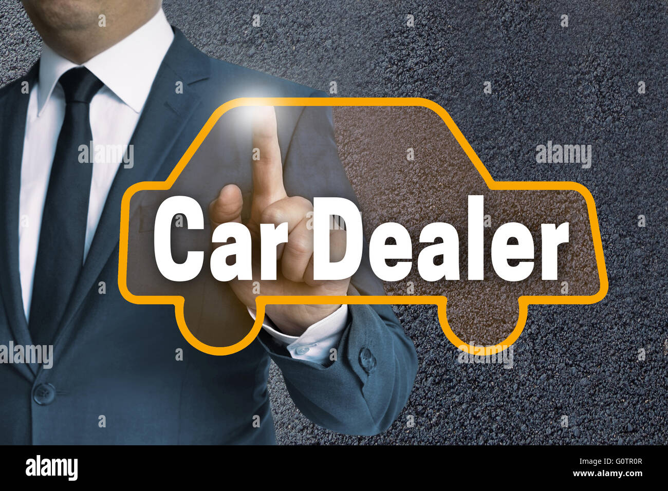 car dealer auto touchscreen is operated by businessman concept. Stock Photo