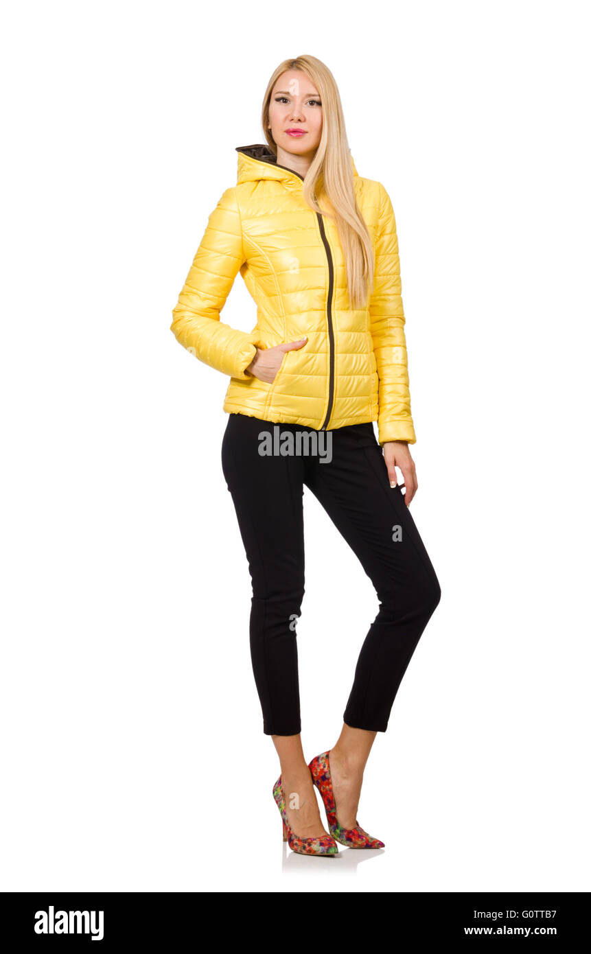 Caucasian woman in yellow jacket isolated on white Stock Photo - Alamy