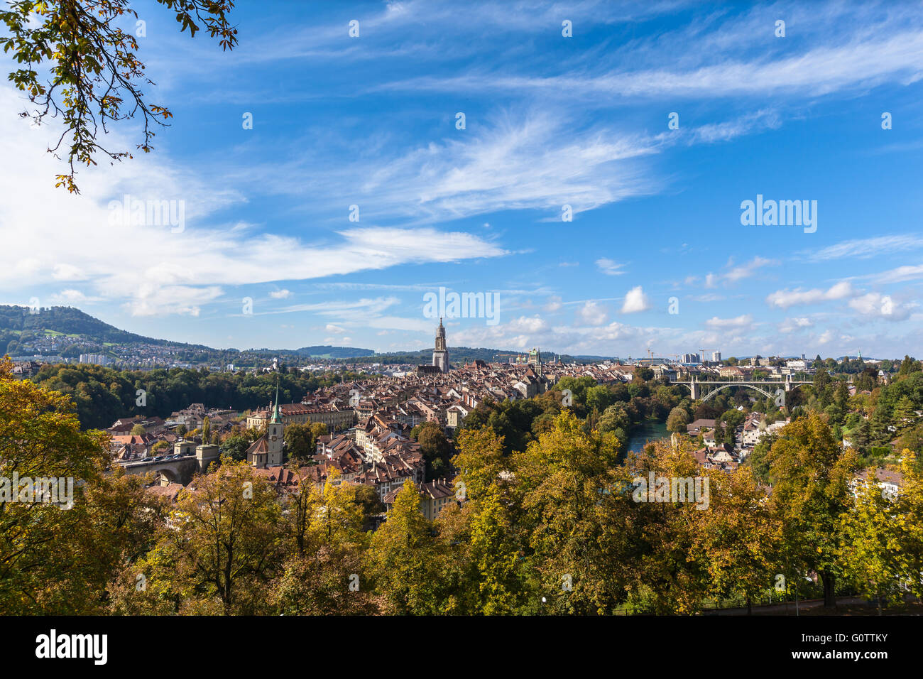 Panorama view of Berne old town from mountain top in rose garden, capital city of Switzerland. Stock Photo