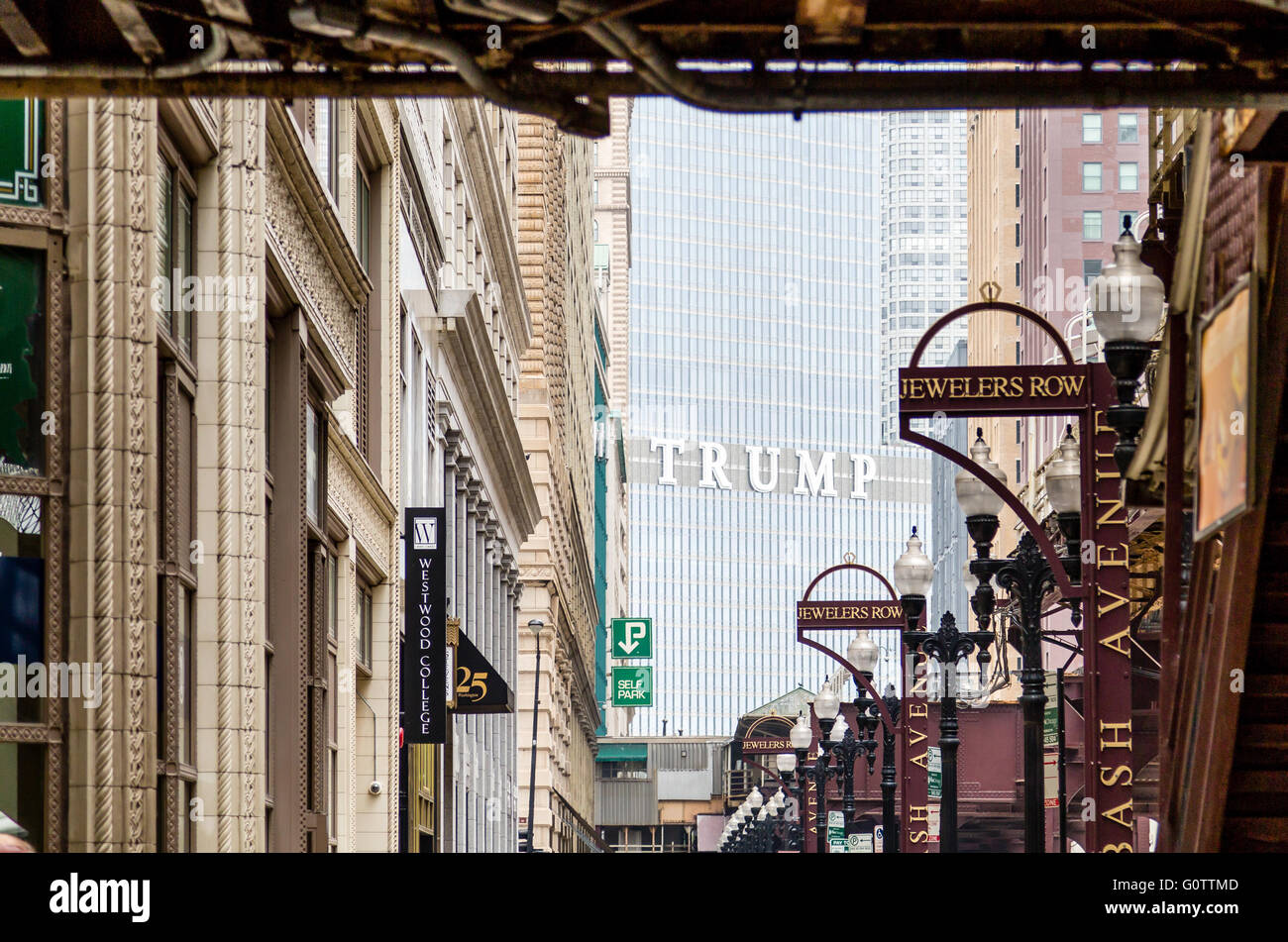 Trump Tower in Chicago from Under El Train Tracks Stock Photo