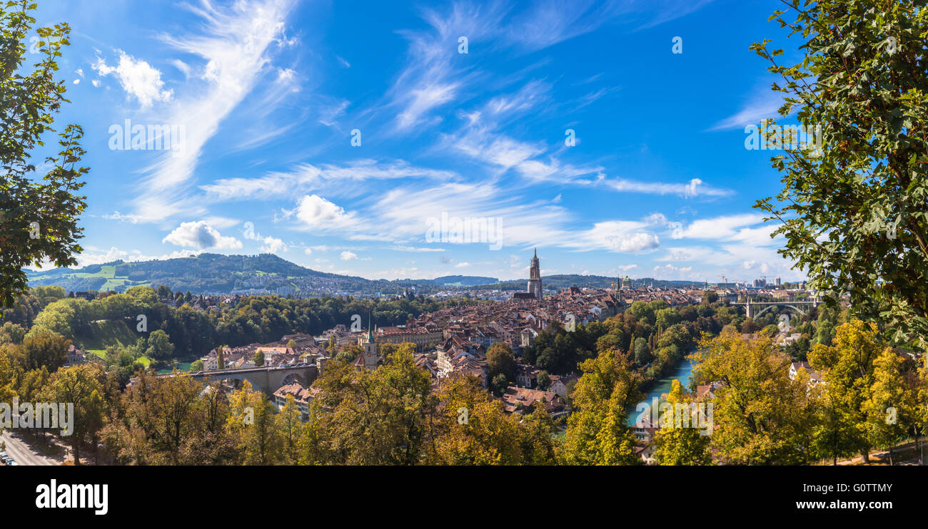Panorama view of Berne old town from mountain top in rose garden, Switzerland. With beautiful blue sky and magical clouds Stock Photo