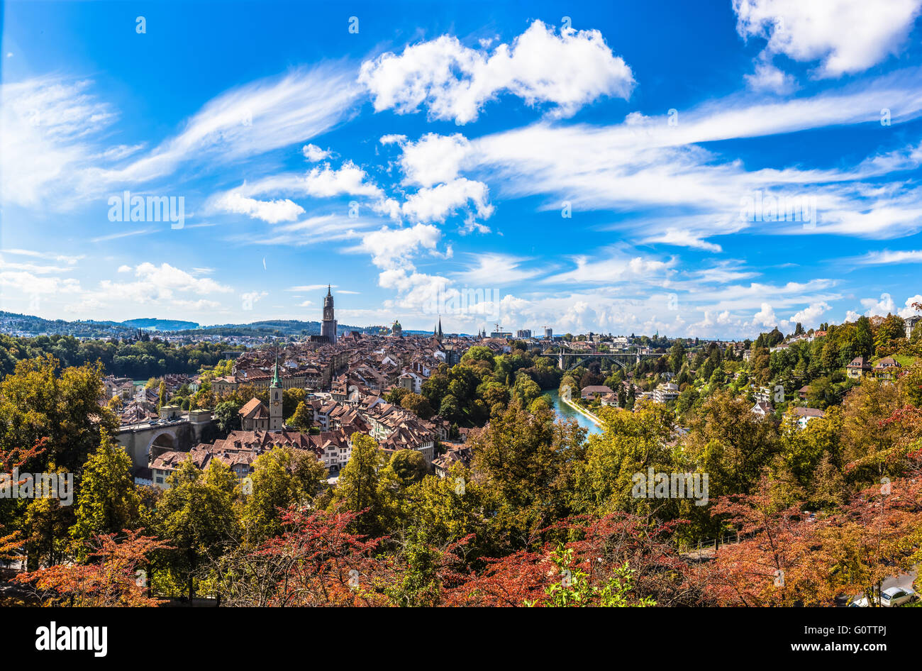 Panorama view of Berne old town from mountain top in rose garden Stock Photo