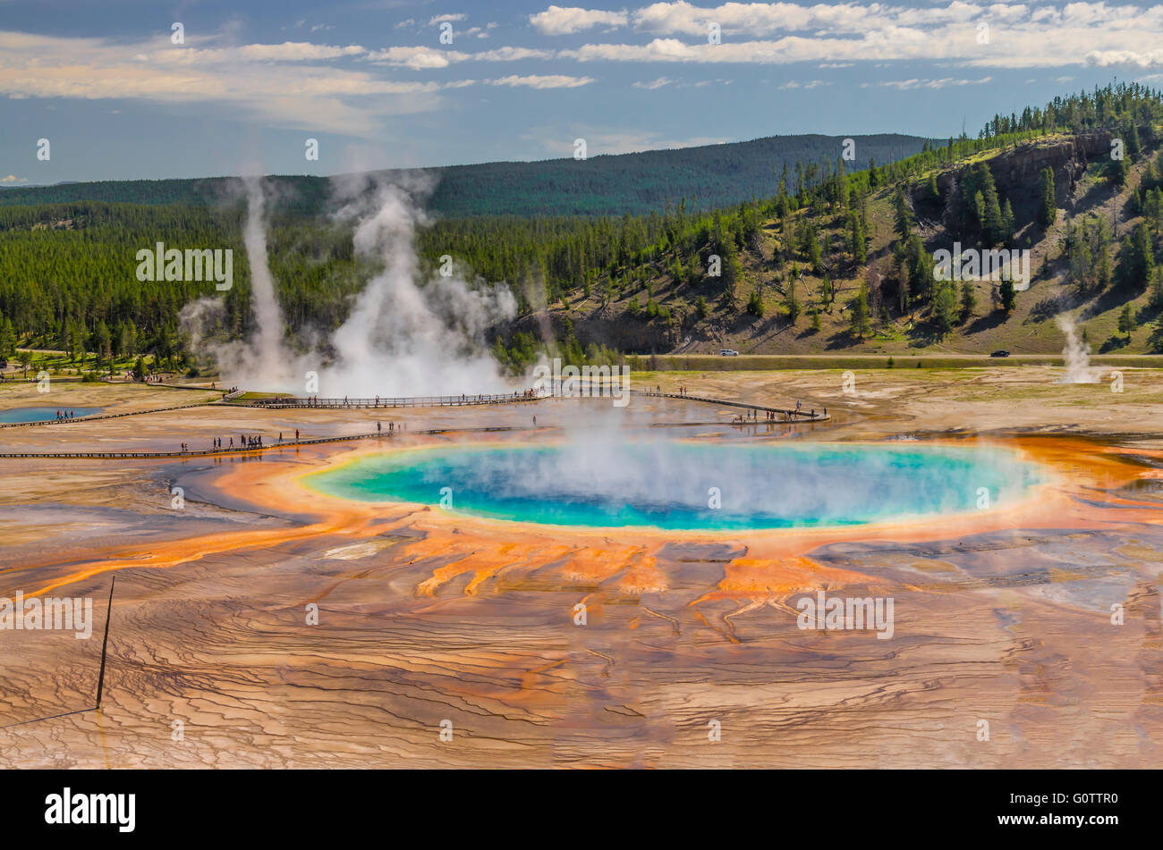 The Grand Prismatic Spring in Yellowstone National Park is the largest hot spring in the United States, and the third largest in Stock Photo