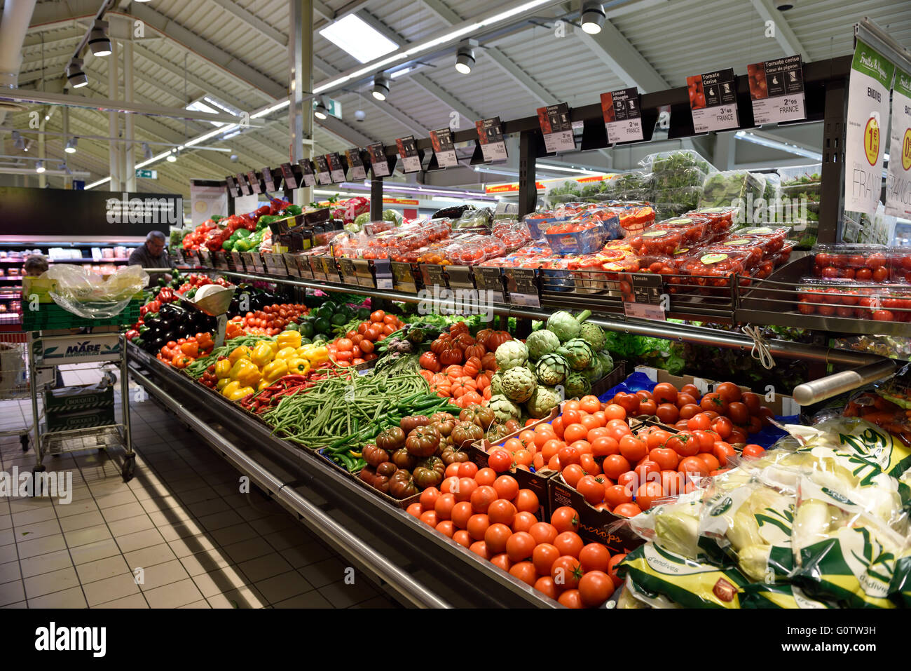 Fruit and vegetable counter in supermarket Stock Photo