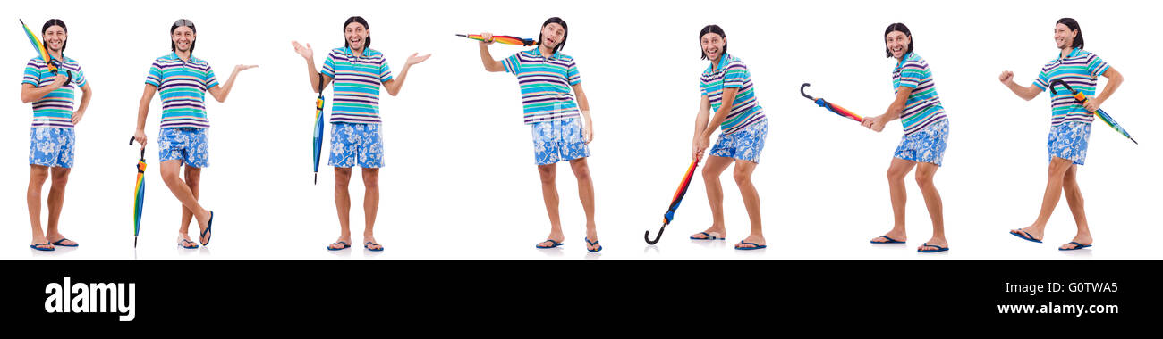 Positive man with colorful umbrella isolated on white Stock Photo - Alamy