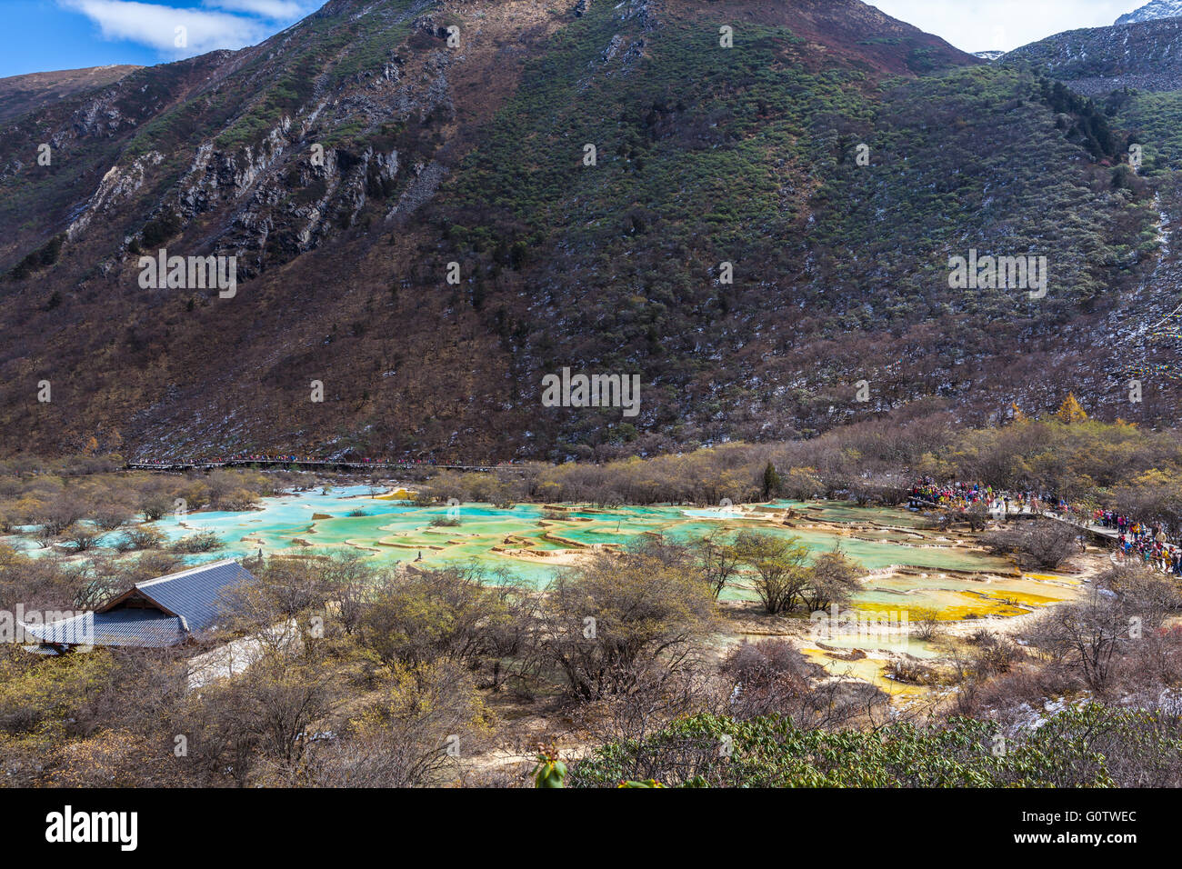 Beautiful ponds in the Huanglong national park, colorful water looks fatanstic Stock Photo