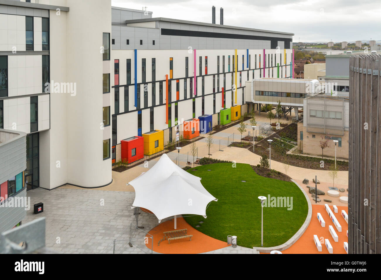The Royal Hospital for Children - part of the new super hospital in Glasgow - colourful exterior and outside landscaping Stock Photo