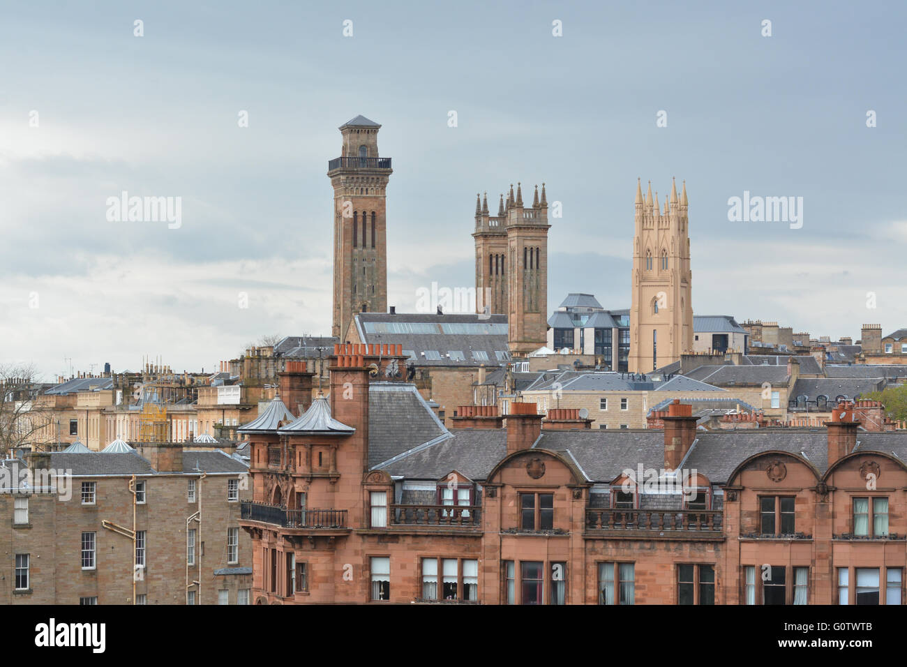 Glasgow skyline - view of the towers of Trinity College - the Church of Scotland's college at the University of Glasgow, and on Stock Photo