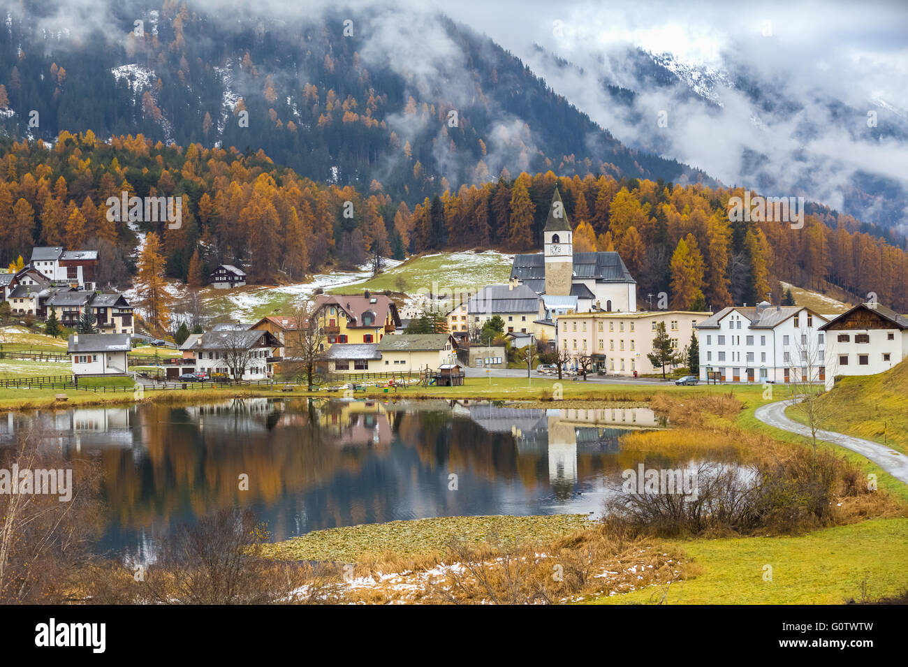 Stunning view of Lai Da Tarasp near Scuol in Engardin, Graubunden (Grisons) of Switzerland. Stock Photo