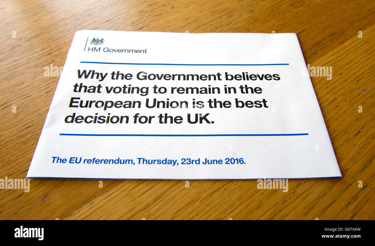 UK Government leaflet setting out their reasons to stay in the European Union ahead of the national vote on the 23rd June 2016 Stock Photo