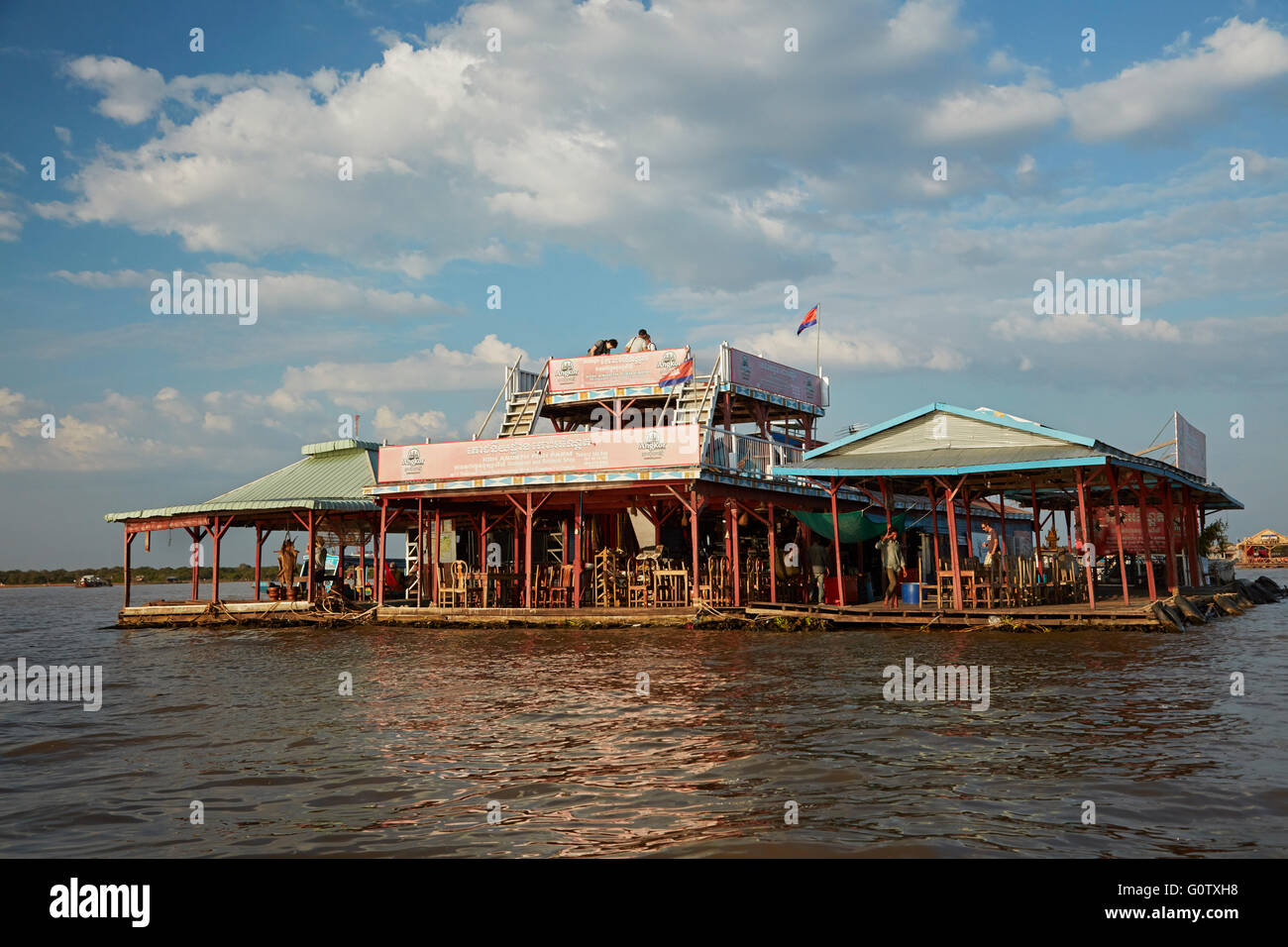 Tourist restaurant, Chong Khneas Floating Village, Tonle Sap Lake, near Siem Reap, Cambodia Stock Photo