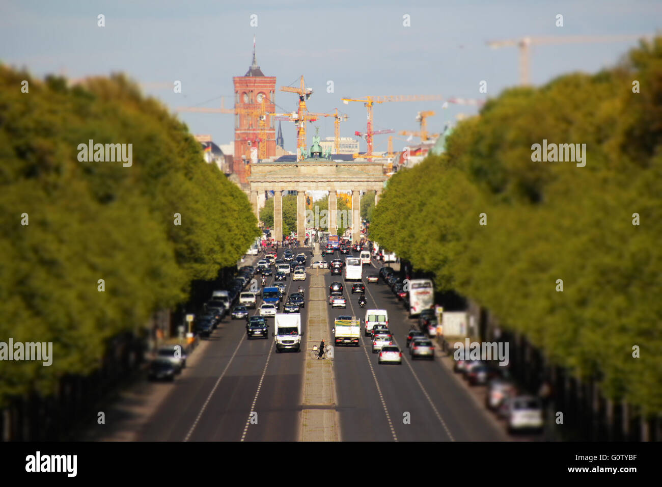 Berlin city skyline - brandenburg gate and red town hall - tilt shift Stock Photo