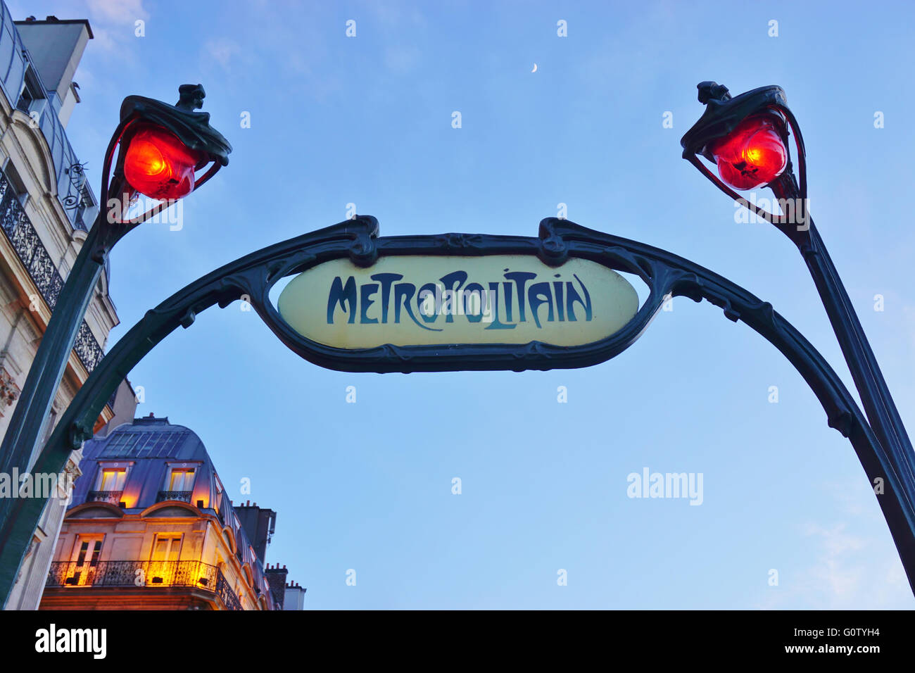 Sign at the entrance of a metro (Metropolitain) subway station in the French capital Stock Photo